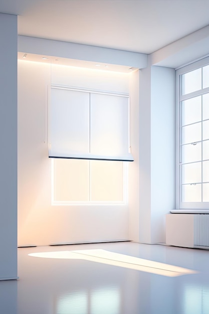 Chambre blanche et minimaliste avec des murs vierges et la lumière du soleil traversant les fenêtres