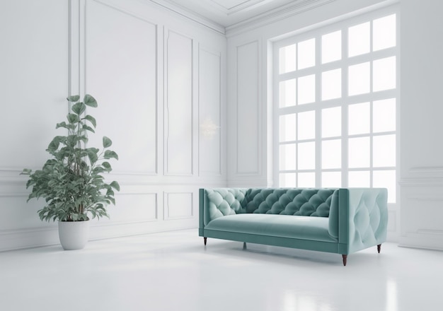 chambre blanche moderne avec plante verte et fond minimaliste de canapé bleu foncé