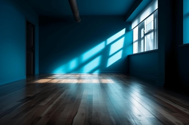 Chambre bleue avec une fenêtre et des murs bleus