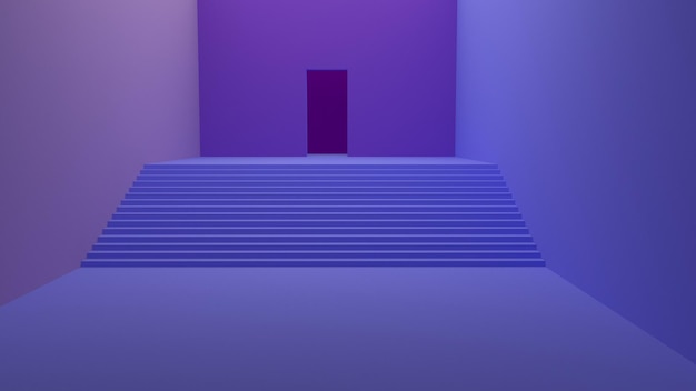 Chambre bleue et lilas avec une porte et un rendu 3d d'escalier