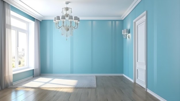 Une chambre bleue avec un lustre et une porte qui dit "le mot maison"