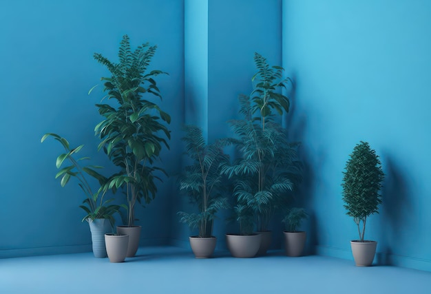 Une chambre bleue avec des plantes au sol et un mur bleu.