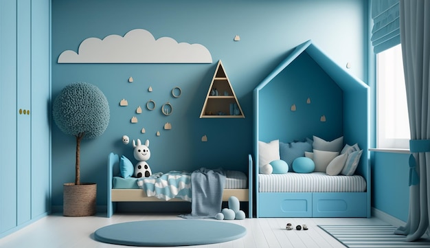 Une chambre bleue avec un thème blanc et bleu et un lit blanc bleu et un nuage blanc sur le mur