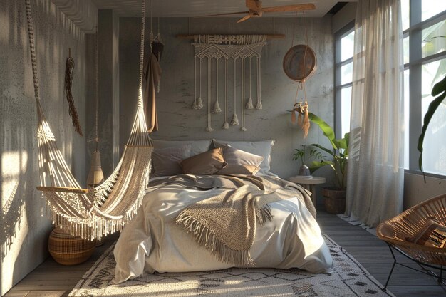 Photo une chambre bohème avec une chaise suspendue en macrame.