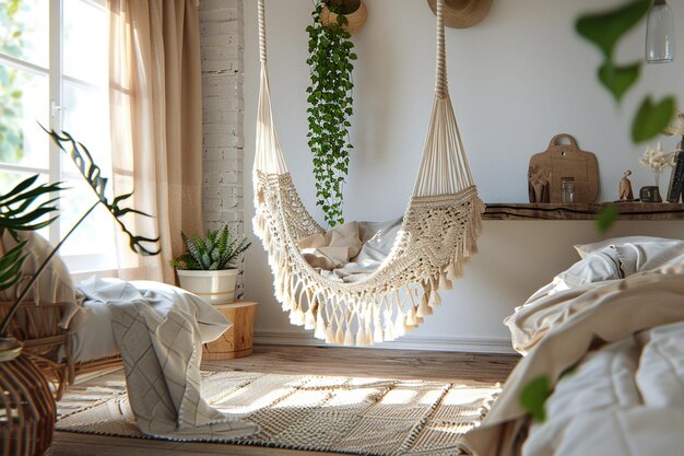 Photo une chambre bohème avec une chaise suspendue en macrame.