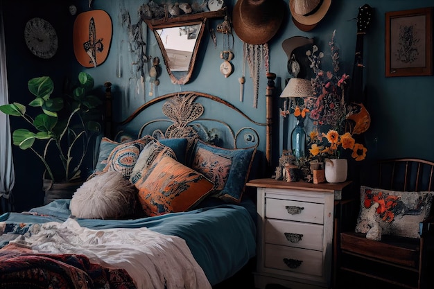 Chambre boho avec un décor fantaisiste et des éléments vintage