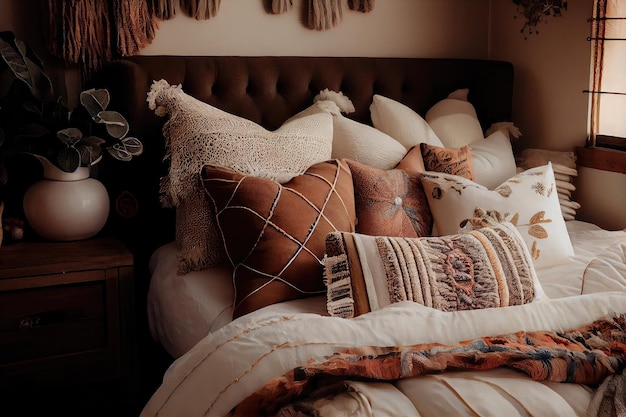 Chambre Boho avec des draps confortables, des coussins brodés et des textures naturelles créées avec une IA générative