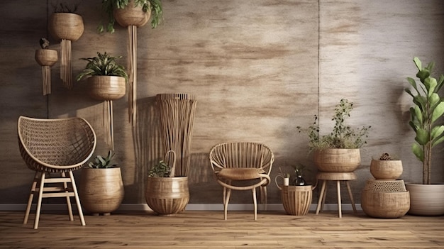 Chambre en bois écologique IA générative avec des plantes avec des meubles naturels intérieur de style boho ethnique chic