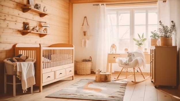 Chambre brune enfantine avec lit en bois vide Joli jouet pour enfant dans un grand chalet Arrière-plan maison écologique moderne IA générative