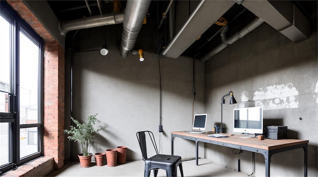 Une chambre avec un bureau et une chaise et un mur de plantes