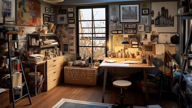 Une chambre avec un bureau et une fenêtre qui dit "atelier d'art" dessus