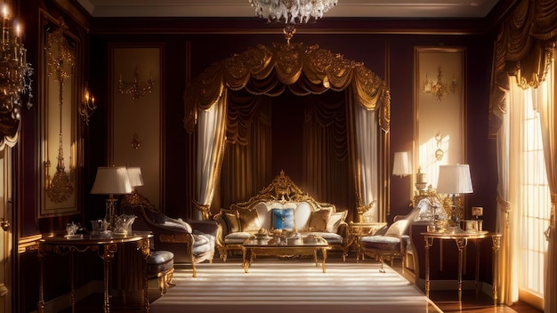 Une chambre avec un canapé et un lustre qui dit 'suite royale'