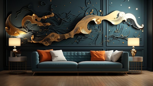 Chambre avec canapé et peinture murale IA générative