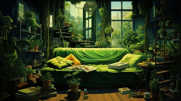 une chambre avec un canapé vert et une couverture verte.