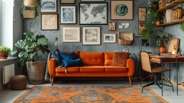 Chambre avec une chaise de bureau et des images sur le mur