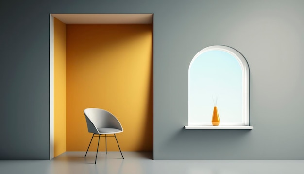 Une chambre avec une chaise et une fenêtre avec un store jaune.