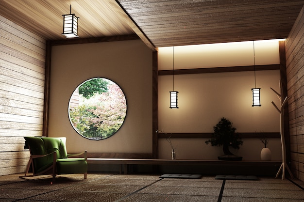 chambre avec chaise, lampe, bonsaï et tatami sur le mur vue de la fenêtre en bois moderne.