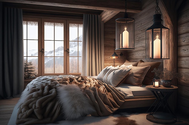 Chambre de chalet confortable avec lit douillet et décor chaleureux créé avec une IA générative