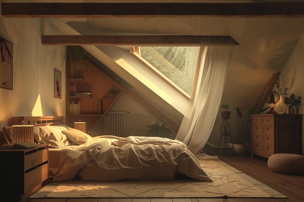 Chambre de chambre au grenier confortable avec plafonds inclinés et lumière du ciel