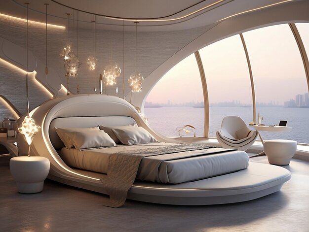 Photo chambre de chambre de luxe moderne et futuriste avec des meubles très modernes