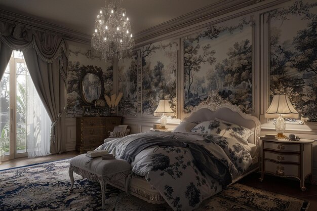 Chambre de chambre provinciale française élégante avec toile wallp