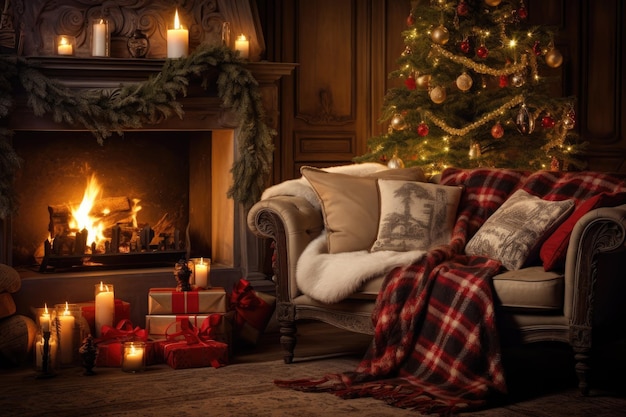 Chambre avec cheminée d'arbre de Noël et couverture de canapé