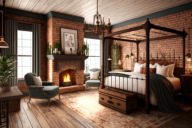 Une chambre avec une cheminée et un lit à baldaquin.