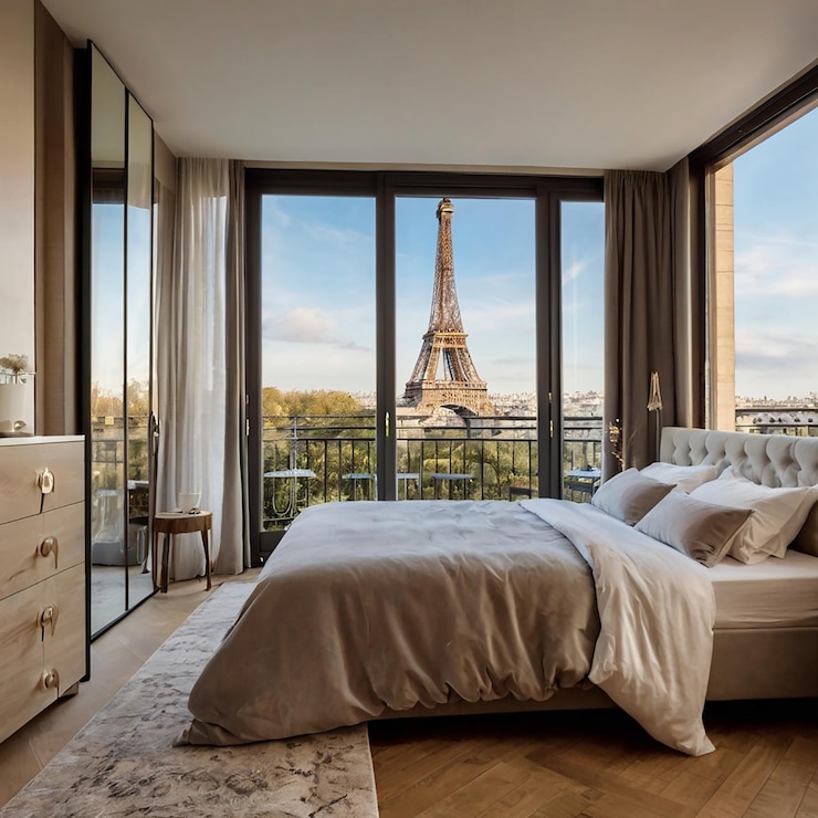 Photo une chambre chic avec une vue imprenable sur la tour eiffel.