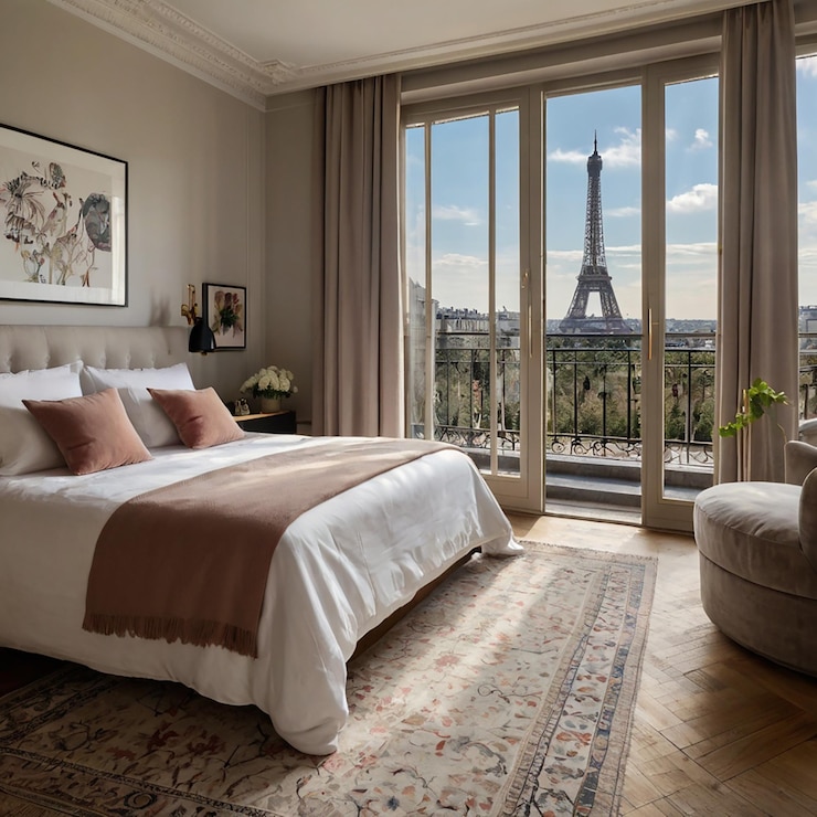 Photo une chambre chic avec une vue imprenable sur la tour eiffel.