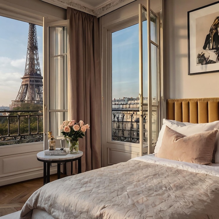 Photo une chambre chic avec une vue imprenable sur la tour eiffel.