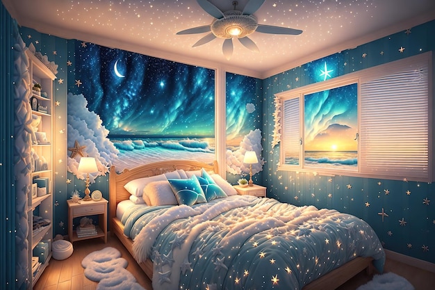 Une chambre avec un ciel étoilé et une scène de mer