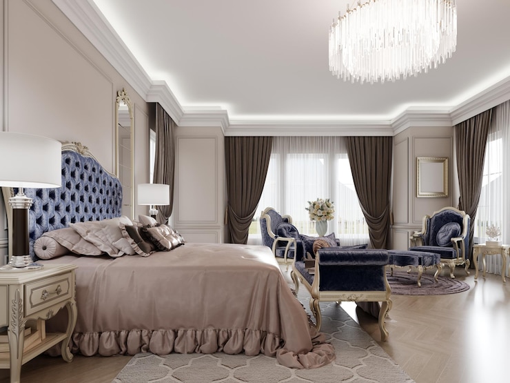 Photo chambre classique luxueuse avec des meubles borocco dans un intérieur clair avec des murs beiges avec des meubles bleu foncé et des garnitures de meubles dorés rendu 3d