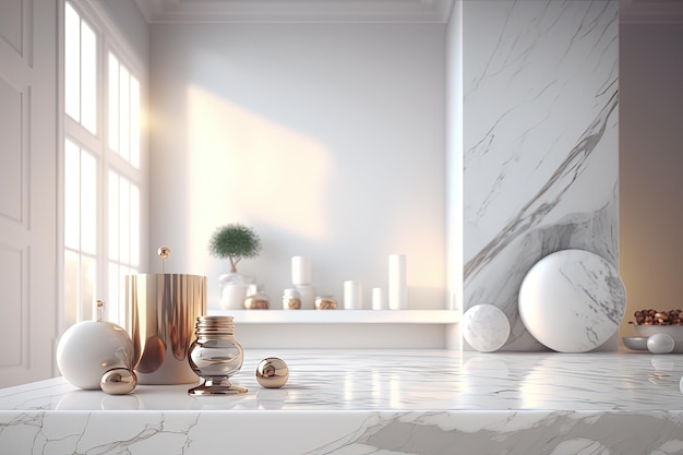 Une chambre avec un comptoir en marbre et des vases AI générative