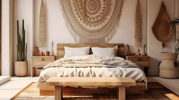 Chambre confortable avec cadre de lit en bois et couette blanche, image de stock pour la décoration intérieure et