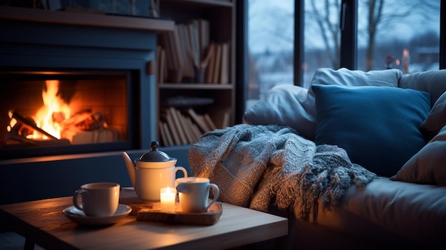 Photo chambre confortable avec canapé et cheminée avec vue depuis la fenêtre sur la rue de la soirée pluvieuse