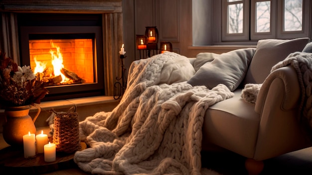 Chambre confortable avec cheminée et canapé un jour d'hiver IA générative heureuse