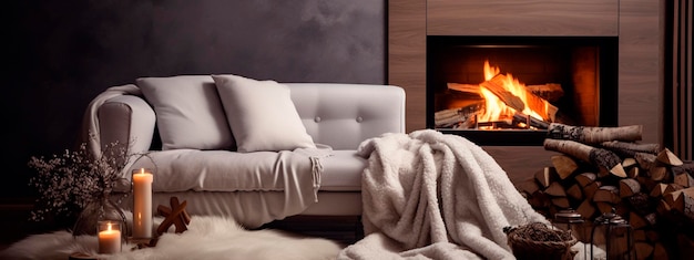 Chambre confortable avec cheminée et canapé un jour d'hiver IA générative heureuse