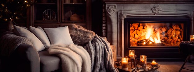 Photo chambre confortable avec cheminée et canapé un jour d'hiver ia générative heureuse