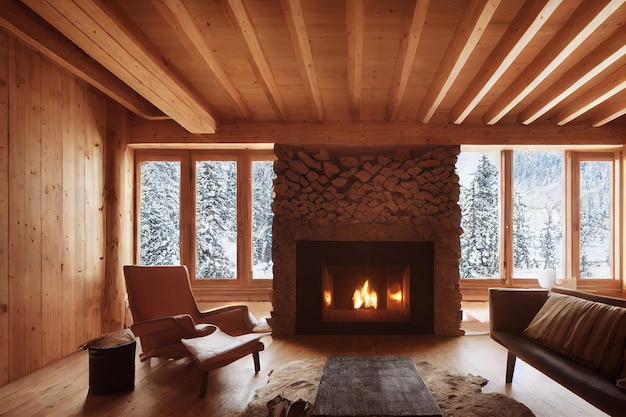 Chambre confortable avec cheminée en feu avec fauteuil crème canapé gris et cacher au sol