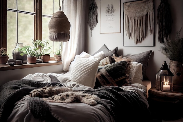 Chambre confortable avec décor scandiboho, oreillers en plumes et draps naturels