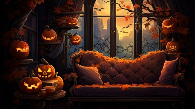 Chambre confortable avec décoration d'Halloween et citrouilles 2