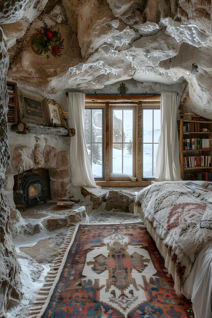 Chambre confortable avec deux lits, tapis de cheminée et planchers en bois dur