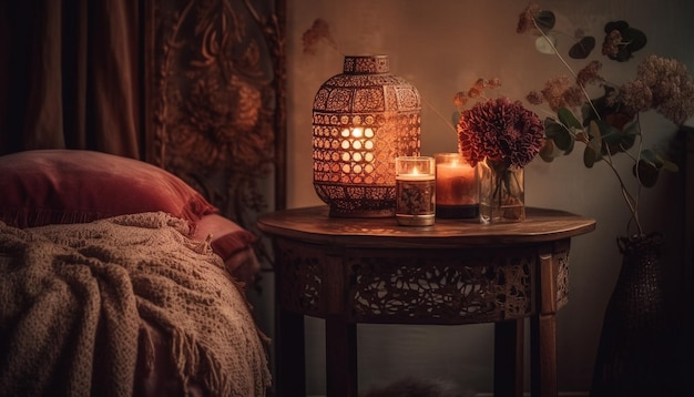 Photo chambre confortable avec une élégance à l'ancienne et des chandelles générées par l'ia