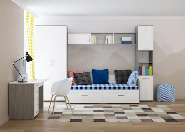 Chambre confortable et élégante conçue pour un adolescent. Intérieur avec des murs clairs et un motif de montagnes sur le mur. Rendu 3D.