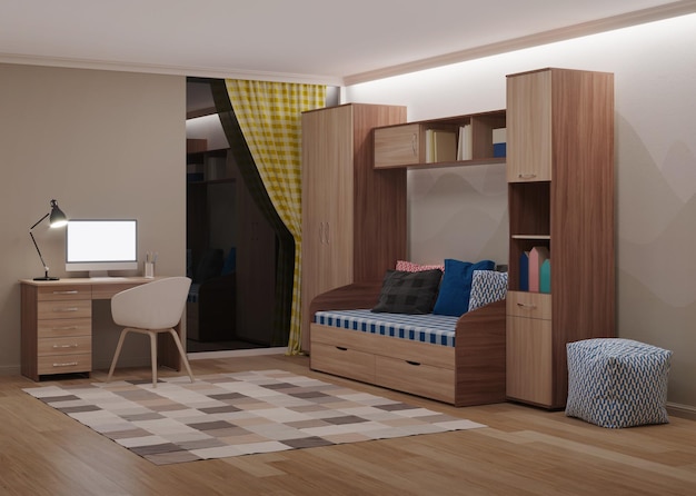 Chambre confortable et élégante conçue pour un adolescent. Nuit. Eclairage du soir. Rendu 3D.