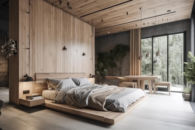 Chambre confortable avec un intérieur en bois rustique et un lit king-size Generative AI