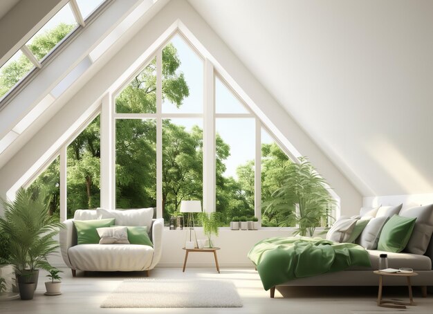 Photo chambre confortable avec un lit, un canapé, une chaise et des plantes le lit est fait avec une couette blanche et des oreillers