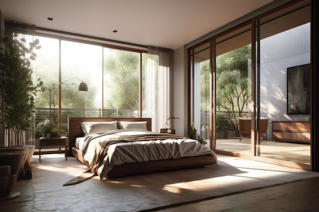Chambre confortable avec un lit confortable et une vue panoramique depuis une grande fenêtre Generative AI
