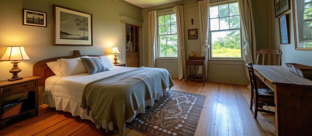 Photo une chambre confortable avec un lit queen près d'une table en bois et d'une fenêtre