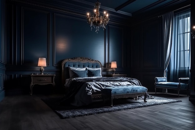 Chambre confortable de Midnight Refuge avec des intérieurs bleu foncé